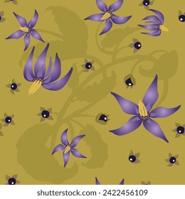 Deadly nightshade or belladonna floral pattern on husk colour background.  Half-drop delicate composition. For textile, wallpaper, packaging, DIY projects.