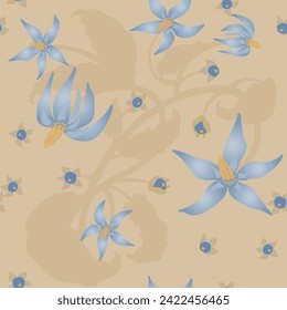 Deadly nightshade or belladonna floral pattern. Pastel blue flowers on beige  background. Half-drop delicate composition. For textile, wallpaper, packaging, DIY projects