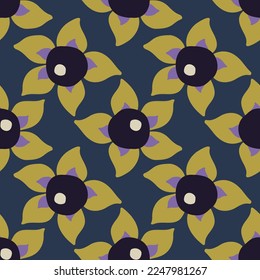 Deadly nightshade berry seamless pattern on dark blue background. For wrapping paper, textile, scrapbooking, packaging, DIY projects.