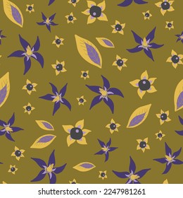 Deadly nightshade blossom, leaf and berry seamless pattern on khaki green background. For wrapping paper, textile, scrapbooking, packaging, DIY projects.