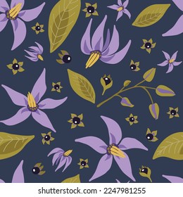 Deadly nightshade flowers seamless pattern. Beautiful and poisonous plant repeated pattern on dark blue background. For wrapping paper, textile, scrapbooking, packaging, DIY projects.