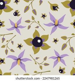 Deadly nightshade flowers seamless pattern on pale green background. Poisonous belladonna. For wrapping paper, textile, scrapbooking, packaging, DIY projects.