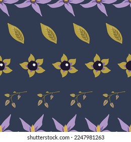 Deadly nightshade flowers striped seamless pattern, leaves, buds and berries lined up. For wrapping paper, textile, scrapbooking, packaging, DIY projects.