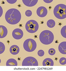 Deadly nightshade polka dotted seamless pattern. Purple bubbles with belladonna leaves and berries inside. For wrapping paper, textile, scrapbooking, packaging, DIY projects.