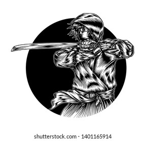 Deadly Ninja, Hand Drawn Skecth, Monochrome Illustration, Isolated Vector