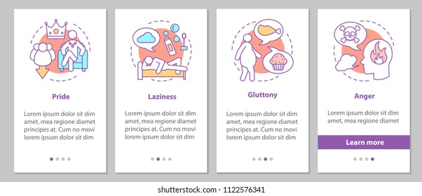 Deadly sins onboarding mobile app page screen with linear concepts. Pride, laziness, gluttony, anger steps graphic instructions. UX, UI, GUI vector template with illustrations