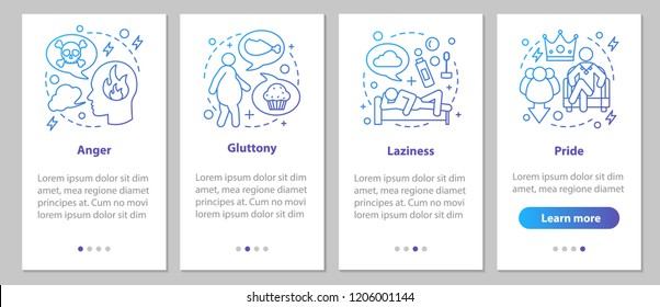 Deadly sins onboarding mobile app page screen with linear concepts. Pride, laziness, gluttony, anger steps graphic instructions. UX, UI, GUI vector template with illustrations