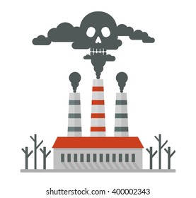 Deadly smoke in the air. Poisonous plant emissions poison the atmosphere.Ecology design concept with air, water and soil pollution.Flat vector illustration. Image for Earth Day, World environment day.