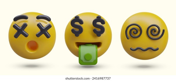 Deadly surprise, mouth full of money, dizziness. Set of yellow 3D emoticons for web design. Popular reactions, funny illustrations for online communication