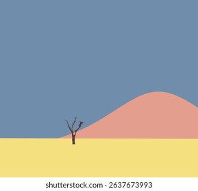 Deadly tree on dessert with pink mountain view. Modern Minimal design art. Colorful Nature landscape. 