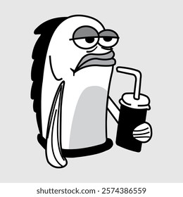 Deadpan cartoon fish character holding a drink with a straw, exuding a sarcastic and unimpressed vibe. A bold black-and-white vector illustration perfect for humor, stickers and mascots