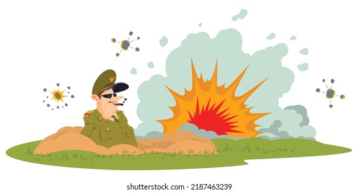 El general de Deadpan fuma un cigarro bajo explosiones. Gente divertida. Plantilla de concepto de ilustración para sitio web, página de inicio web, banner, presentación, social, afiche, promoción o medios impresos.