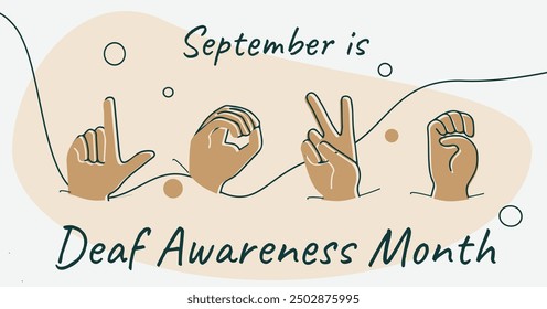 Deaf Awareness Month celebration banner. Love in sign language line art. Hearing disability education observed in September.