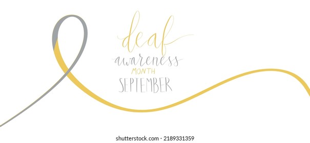 Deaf awareness month september handwritten calligraphy. Yellow and gray support ribbon. Vector illustration card template.