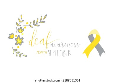 Deaf awareness month September handwritten calligraphy. Vector illustration card template. Yellow and gray support ribbon.