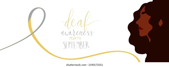 Deaf awareness month september handwritten calligraphy. Yellow and gray support ribbon. Vector illustration card template.