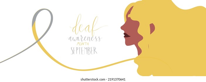 Deaf awareness month september handwritten calligraphy. Yellow and gray support ribbon. Vector illustration card template.