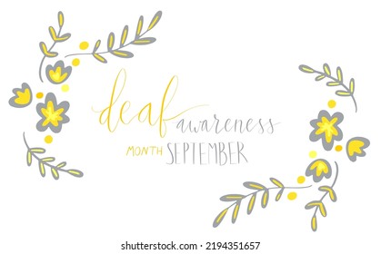 Deaf awareness month september handwritten calligraphy. Vector illustration card template. Yellow and gray support ribbon.