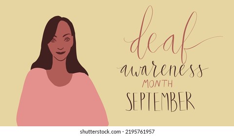 Deaf awareness month september handwritten calligraphy. African american woman illustration.