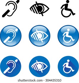 Deaf Blind Disabled Icons 1. Vector graphic images of the Deaf, Blind and Disabled symbols in glossy button and flat icon sets.