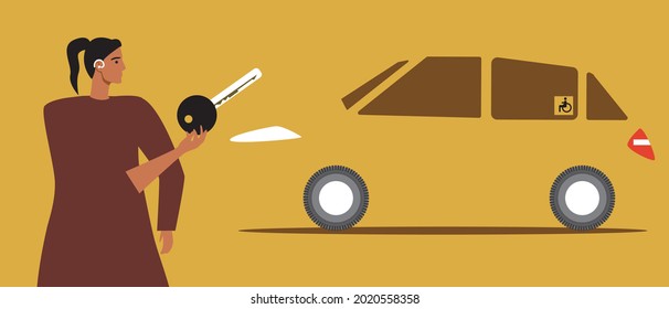 Deaf driver, wheelchair. Flat vector stock illustration. Inclusive motorist. The owner of the car. Disabled person with hearing aid and car key. Isolated illustration