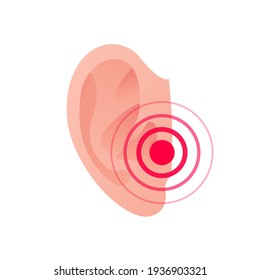 Deaf, Ear Pain, Otitis Infection Concept. Vector Flat Illustration. Human Ear With Ache Red Dot Symbol. Design Element For Medicine, Health Care.