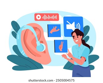 Deaf educatior concept. Woman near huge ear with hearing aid. Sign language for people with disabilities. Girl with communication problems. Flat vector illustration isolated on white background