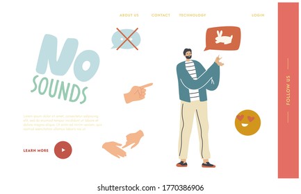 Deaf Gesture Language Landing Page Template. Male Character Show Hare on Palms Using Hand Gesturing and Face Expression with No Sounds. Communication without Words. Linear Vector Illustration