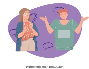 a deaf girl tries to communicate with a guy using sign language but he does not understand her, deaf,, special needs, disability, people gesticulate. flat vector illustration