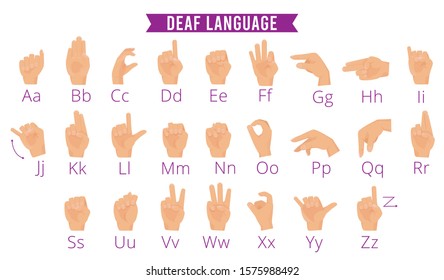 Deaf hands language. Disabled person gesture hands holding pointing fingers palms vector alphabet for deaf people