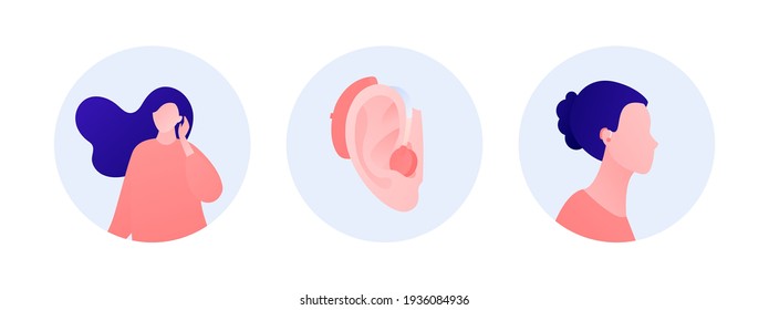 Deaf and hear aid concept. Vector flat human illustration set. Woman and girl character with hearing aid device inserted into ear isolated on white. Design element for medicine, health care.