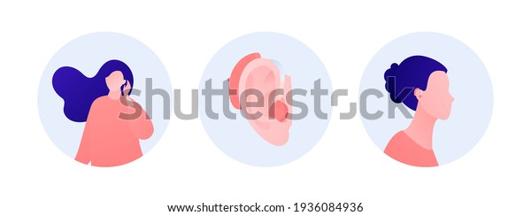Deaf\
and hear aid concept. Vector flat human illustration set. Woman and\
girl character with hearing aid device inserted into ear isolated\
on white. Design element for medicine, health\
care.
