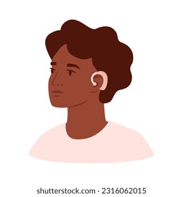 Deaf male portrait. Young black man with hearing aid. Person has hearing problems and using medical device in ear. Vector isolated illustration. 