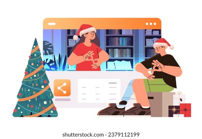 deaf man in santa claus hat with replaced robotic leg communicate with woman using sign language disabled deaf-mute guy with prosthesis body part