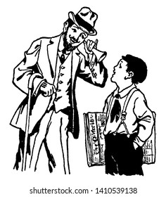 A deaf man talking to a young boy, vintage line drawing or engraving illustration