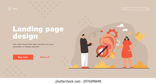 Deaf man and woman communicating with sign language. People with disability talking, huge ear flat vector illustration. Communication,  website design or landing web page
