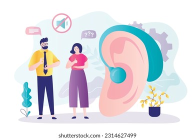 Deaf mute communication. Giant ear with hearing aid. Sign language and hearing loss. Deaf people talking with gestures. Woman understand hearing loss man. Aid hear impaired ear deaf-mute people.