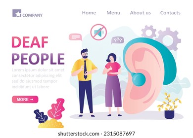 Deaf mute communication. Giant hear with hearing aid. Sign language and hearing loss. Deaf people talking with gestures, landing page template. Aid hear impaired ear deaf-mute people. flat vector