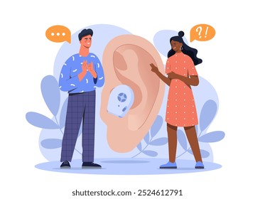 Deaf mute communication. Man and woman communicate using sign language against background of ear. People with disability. Speaking program. Flat vector illustration isolated on white background