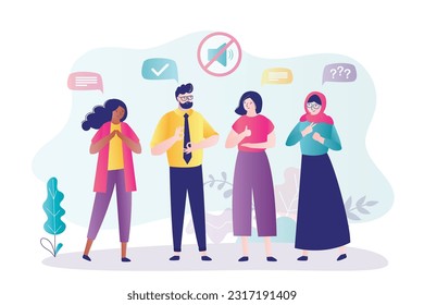 Deaf mute communication. Sign language and hearing loss concept. Group of multiethnic deaf people talking with gestures. Colleagues communicate in language of deaf, articulation. vector illustration