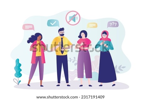 Deaf mute communication. Sign language and hearing loss concept. Group of multiethnic deaf people talking with gestures. Colleagues communicate in language of deaf, articulation. vector illustration