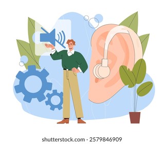 Deaf mute man. Young guy near large ears with hearing aid. Healthcare and medicine. Diagnosis and treatment. Translation for people with disabilities. Flat vector illustration