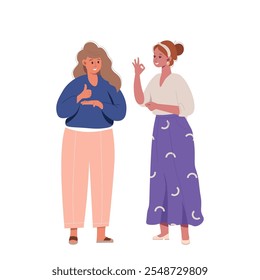 Deaf and mute people communicate in sign language. Deaf and mute female character using sign languages flat vector cartoon isolated illustration. World day deaf. International day of sign languages.