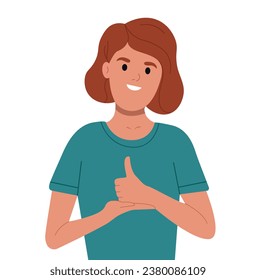 Deaf and mute woman on white background. Person communicate in sign language. An adult learns sign language for the deaf disabled.