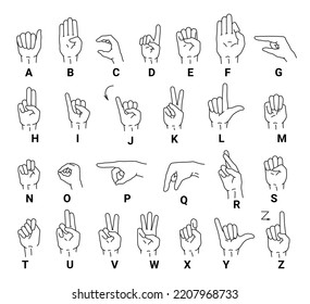 Deaf mutes hand language letters alphabet infographic set line art monochrome icon vector illustration. English sign palm fingers gesture educational speechless nonverbal minimalist symbols