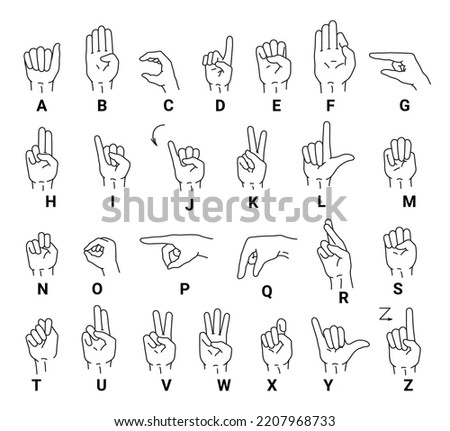 Deaf mutes hand language letters alphabet infographic set line art monochrome icon vector illustration. English sign palm fingers gesture educational speechless nonverbal minimalist symbols