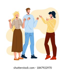 Deaf People Communication Sign Language Vector. Deaf Young Man And Women Discussing Together, Disabled Deaf-mute Human. Hearing Disability Characters Friends Communicating Flat Cartoon Illustration