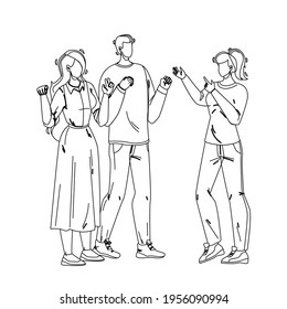 Deaf People Communication Sign Language Black Line Pencil Drawing Vector. Deaf Young Man And Women Discussing Together, Disabled Deaf-mute Human. Hearing Disability Characters Friends Communicating 