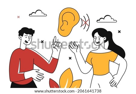 Deaf people concept. Communication using gestures. Equality, respect, help. Mute sign. Communication difficulties, peole with hearing aid. Cartoon flat vector illustration isolated on white background