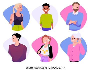 Deaf people with hearing aid. Persons has health problems and using medical gadget in ear. Vector isolated characters set with hearing aid device inserted into ear, assist implant for listening